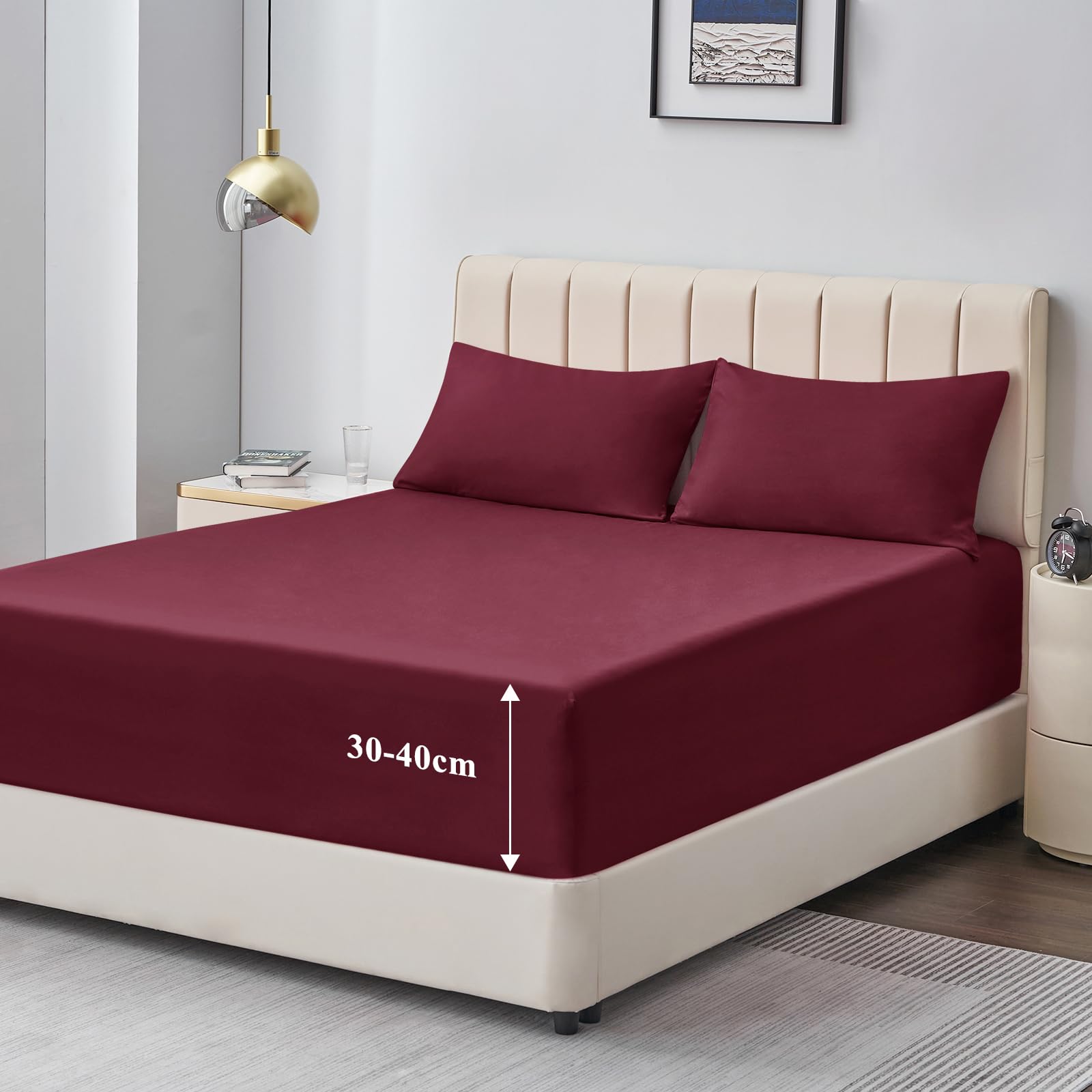 Aisbo King Size Fitted Sheet Burgundy - Extra Deep Pocket Bed Sheet 16 inch 40 cm - Microfiber Bottom Sheet, 150x200cm โ image 1