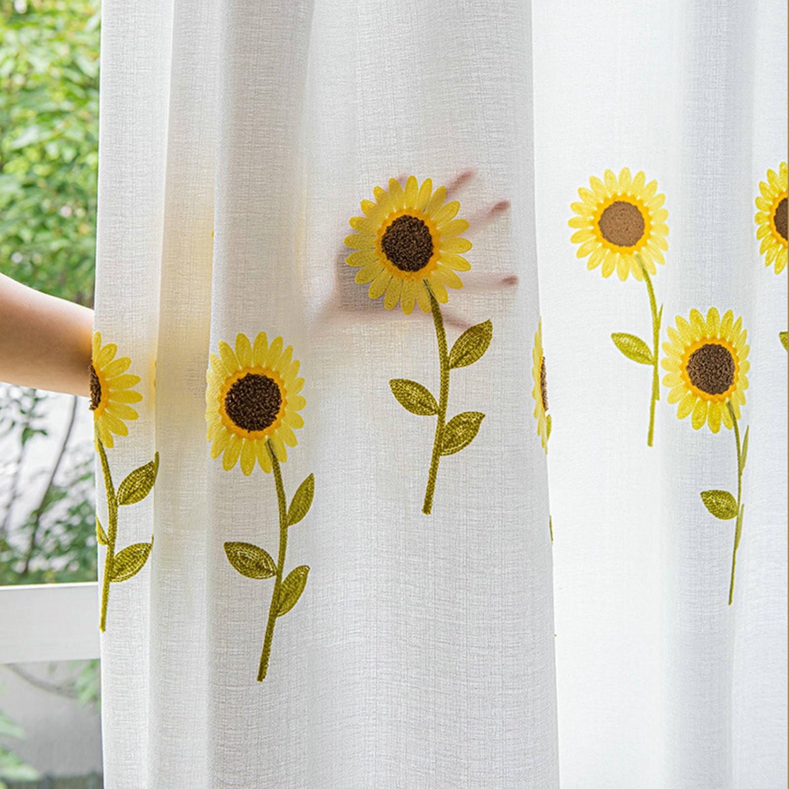 Epinki Voilage Tournesol Blanc en Polyester 107 x 132 cm Rideau pour Chambre à Oeillets, 2 Panneaux