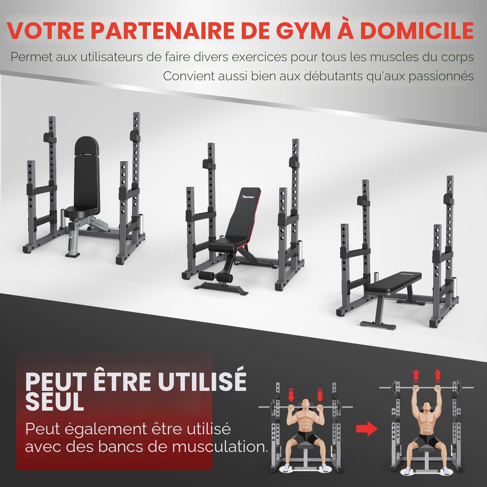 PASYOU SR30 Ajustable Cages de Squat, Rack Squat, Multi-Fonction Supports de Squat Réglable, Rack Musculation, Max 800 KG