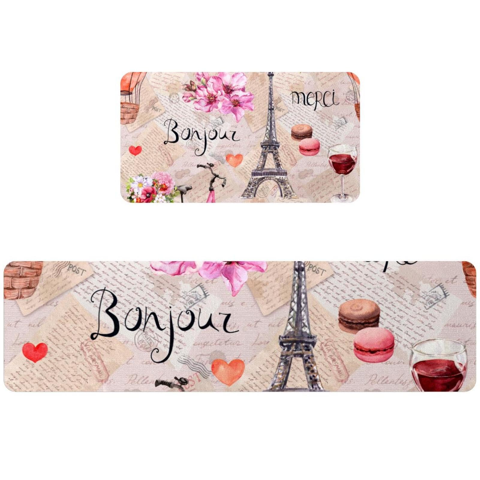 Tapis de cuisine absorbants et lavables lot de 2 antidérapants motif tour Eiffel rose