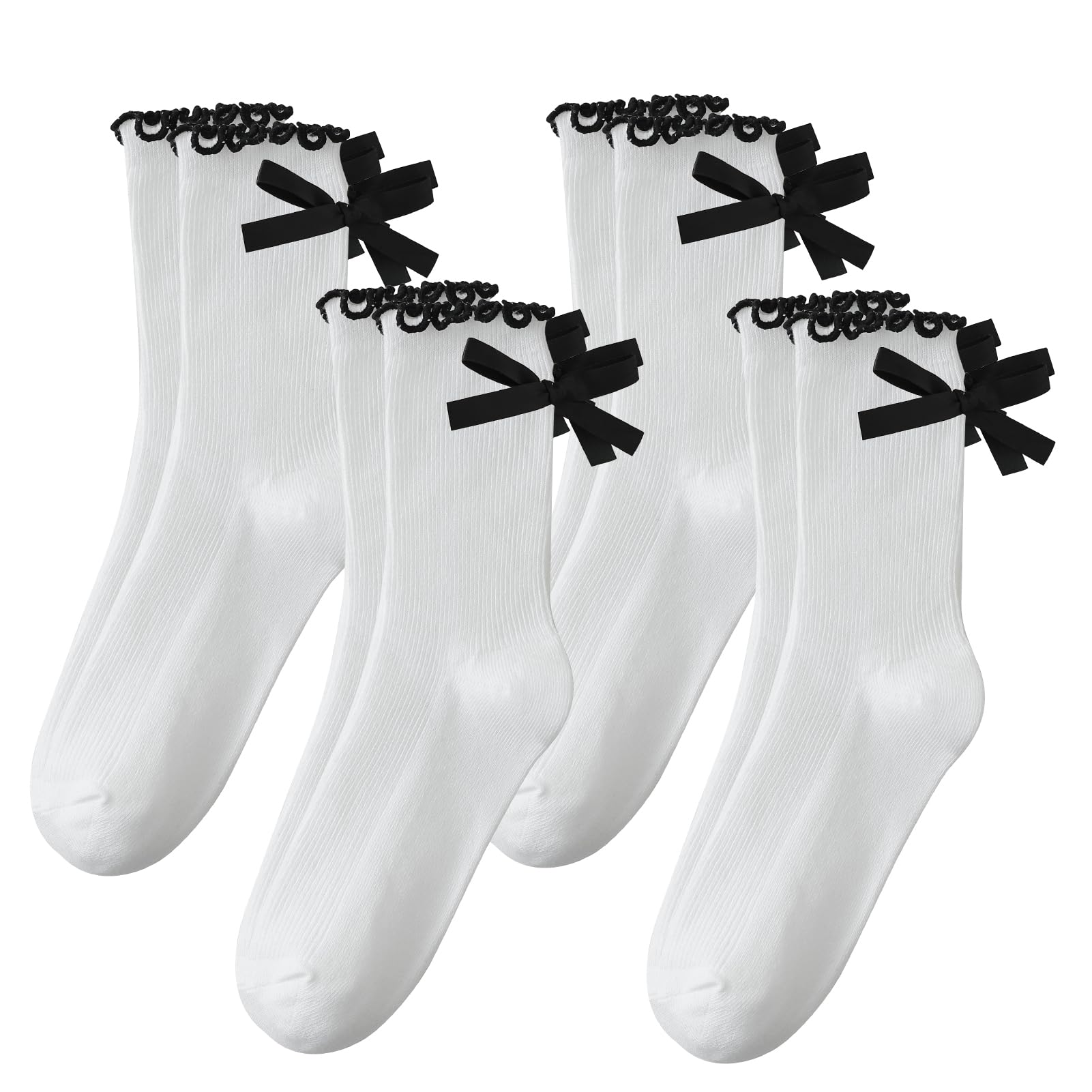 4 Pairs Womens Bow Frilly Socks Cute Casual Crew Socks