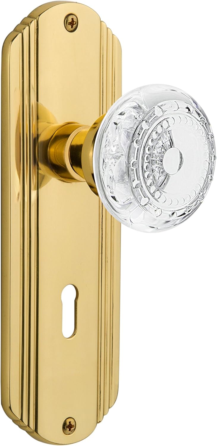 Nostalgic Warehouse 753561 Single Dummy Deco Plate with Keyhole Crystal Meadows Knob, Backset Size:, Unlacquered Brass