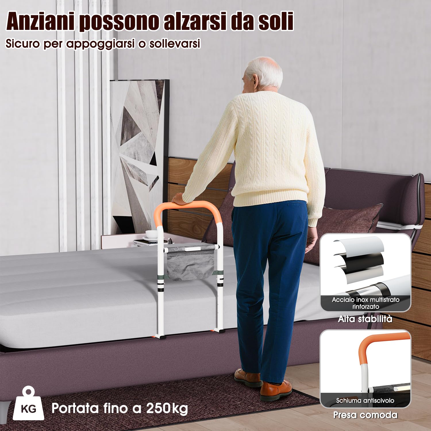 Zelvia Sponda letto Anziani, manico regolabile in altezza, con manico antiscivolo, luce a LED rimovibile con custodia, per anziani e pazienti di riabilitazione (Nero)