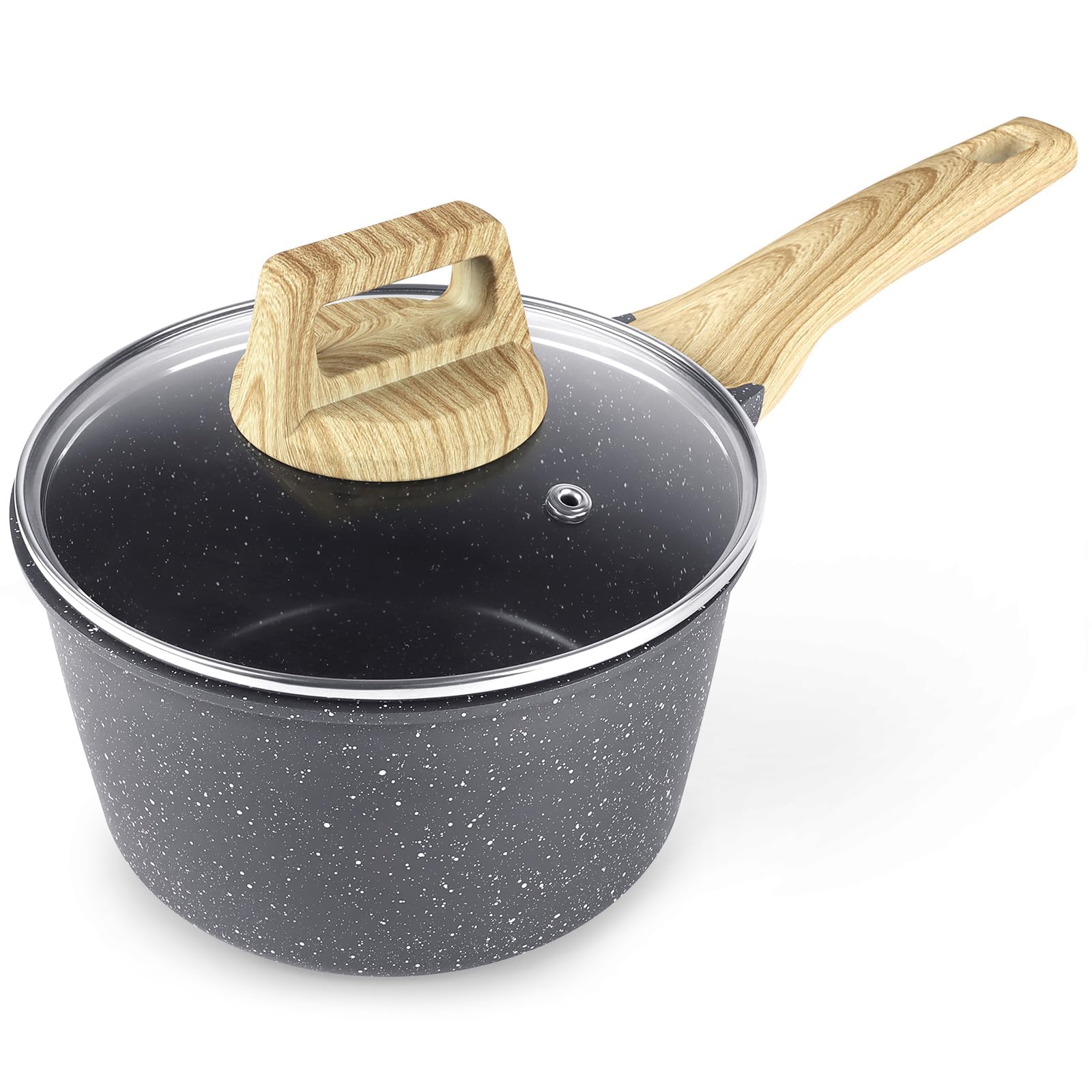 GiPP Casseruola da 20 cm, piccola casseruola a induzione, con coperchio, rivestimento antiaderente in granito, manico in legno, pentola da 3.6L, per induzione, senza PFOA (grigio, 20cm)