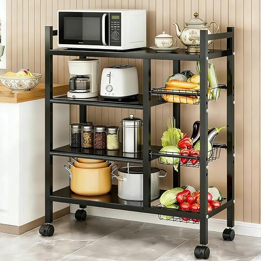 COMFYHOME Kitchen Organizer Rack Shelf with Wheels - Adjustable 4-Tier Microwave Stand with Storage Shelves, Storage Rack ...
