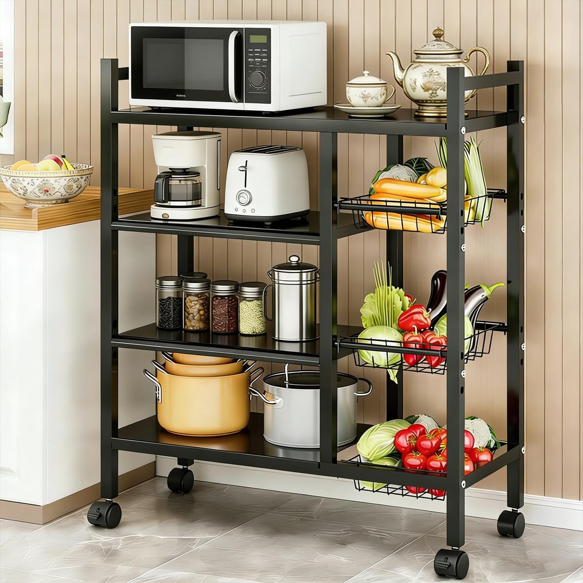 COMFYHOME Kitchen Organizer Rack Shelf with Wheels - Adjustable 4-Tier Microwave Stand with Storage Shelves, Storage Rack ...