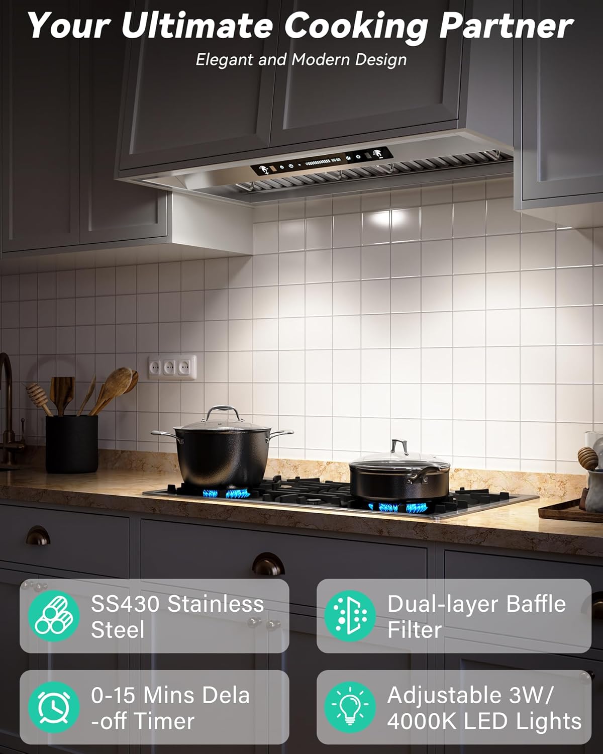 42 inch Stainless Steel Insert Range Hood - 900 CFM, Gesture Control, Ultra-Quiet 4-Speed Vent, LED Lights, Ducted/Ductless Convertible