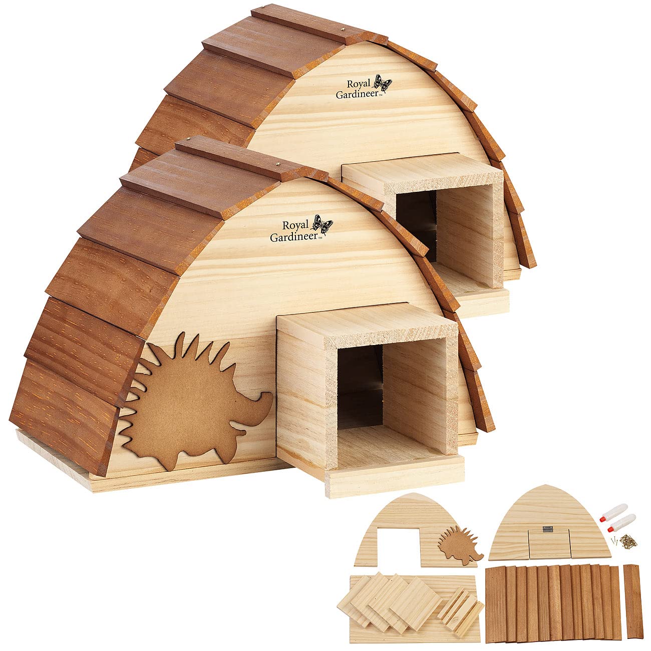 Royal Gardineer Igelhaus Bausatz Holz: 2er-Set wetterfeste Igelhäuser mit Schindeldach aus Echtholz, Bausatz (Igelfutterhaus, Igelnest, Insekten)