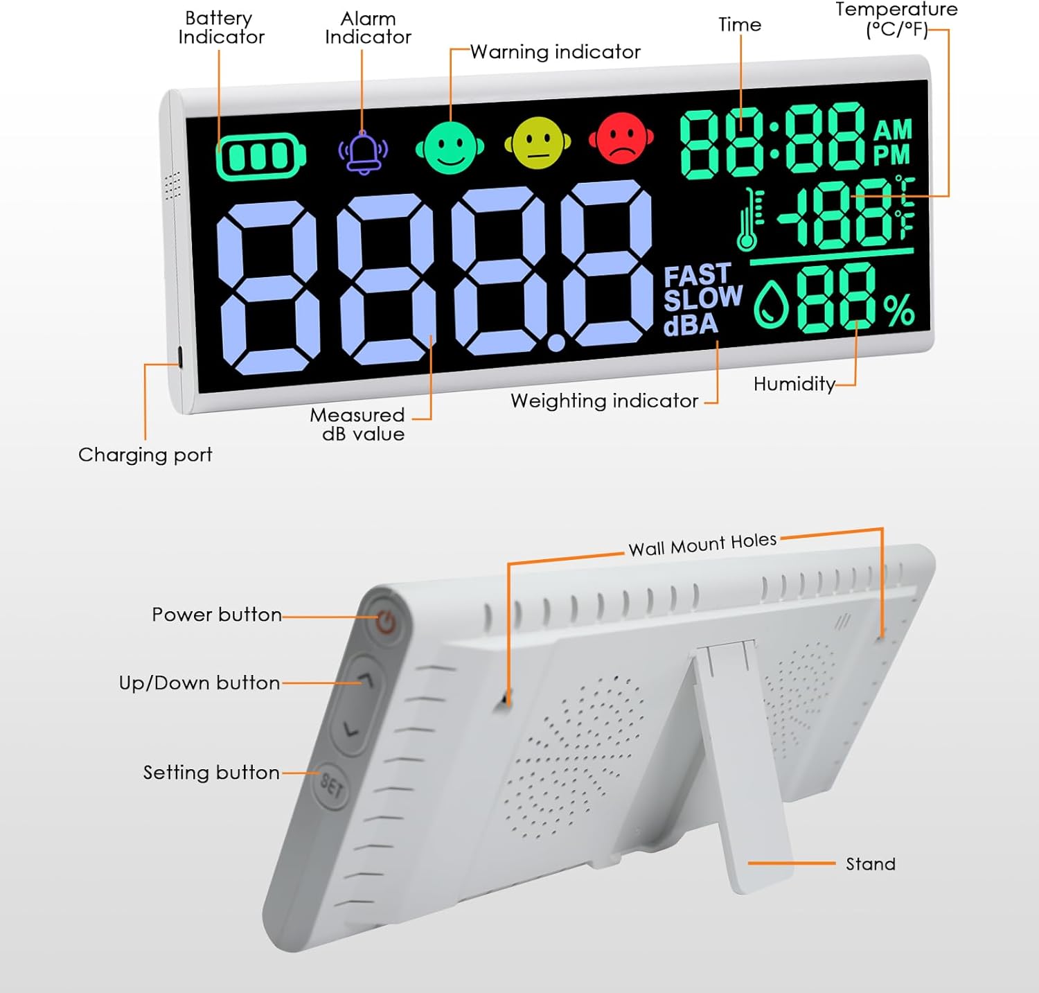 13" Sound Decibel Meter Large Display dB Noise, Time, Temperature and Humidity, Wall Mounted and Desktop Sound Level Meter Noise Monitor with Buzzer Alarm Icons Indicator for Classroom, Studio, Home