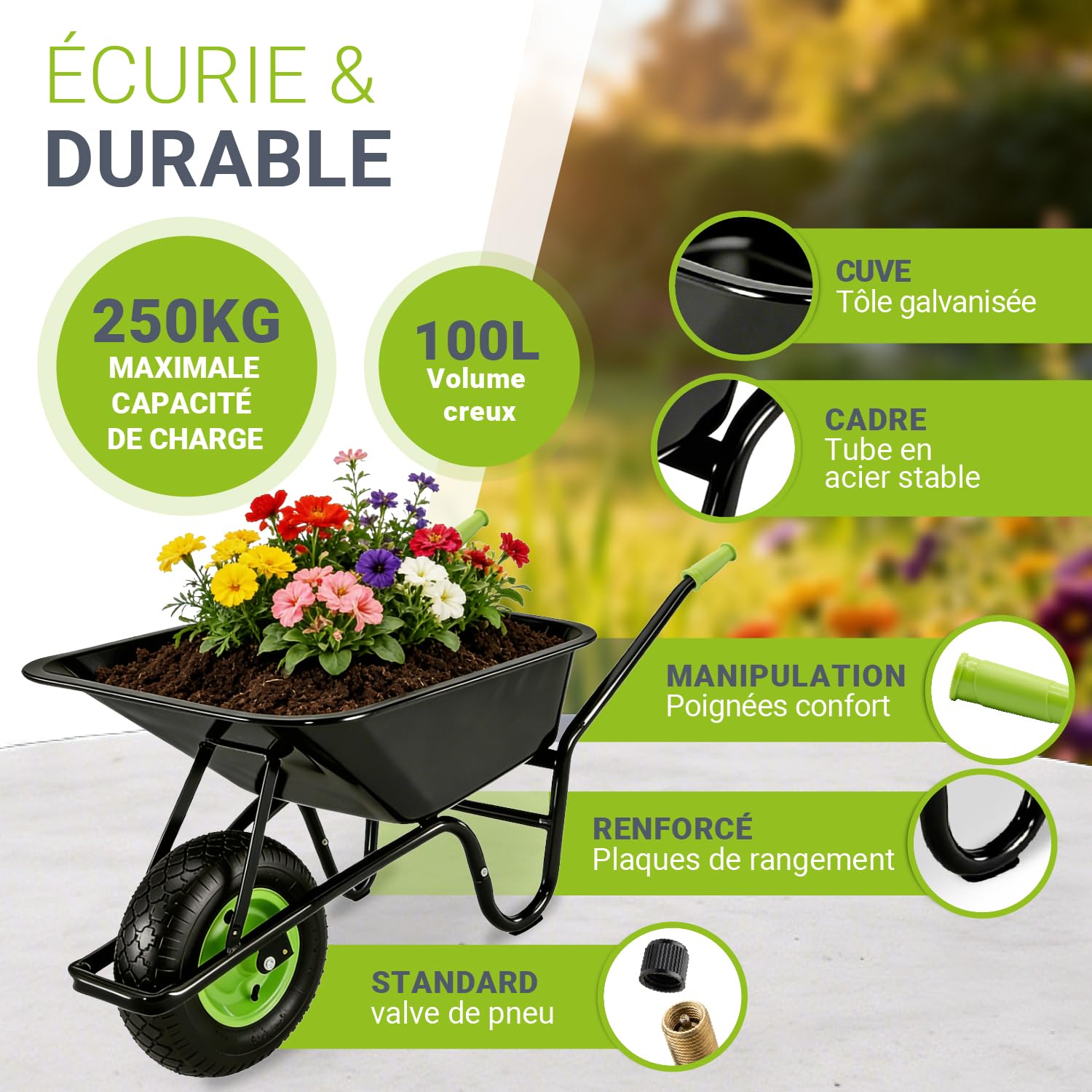 Juskys brouette Garden - Volume de 100 litres - 210 kg - pneus gonflables avec Jante en métal - Cuve galvanisée - brouette de Jardin - Noir