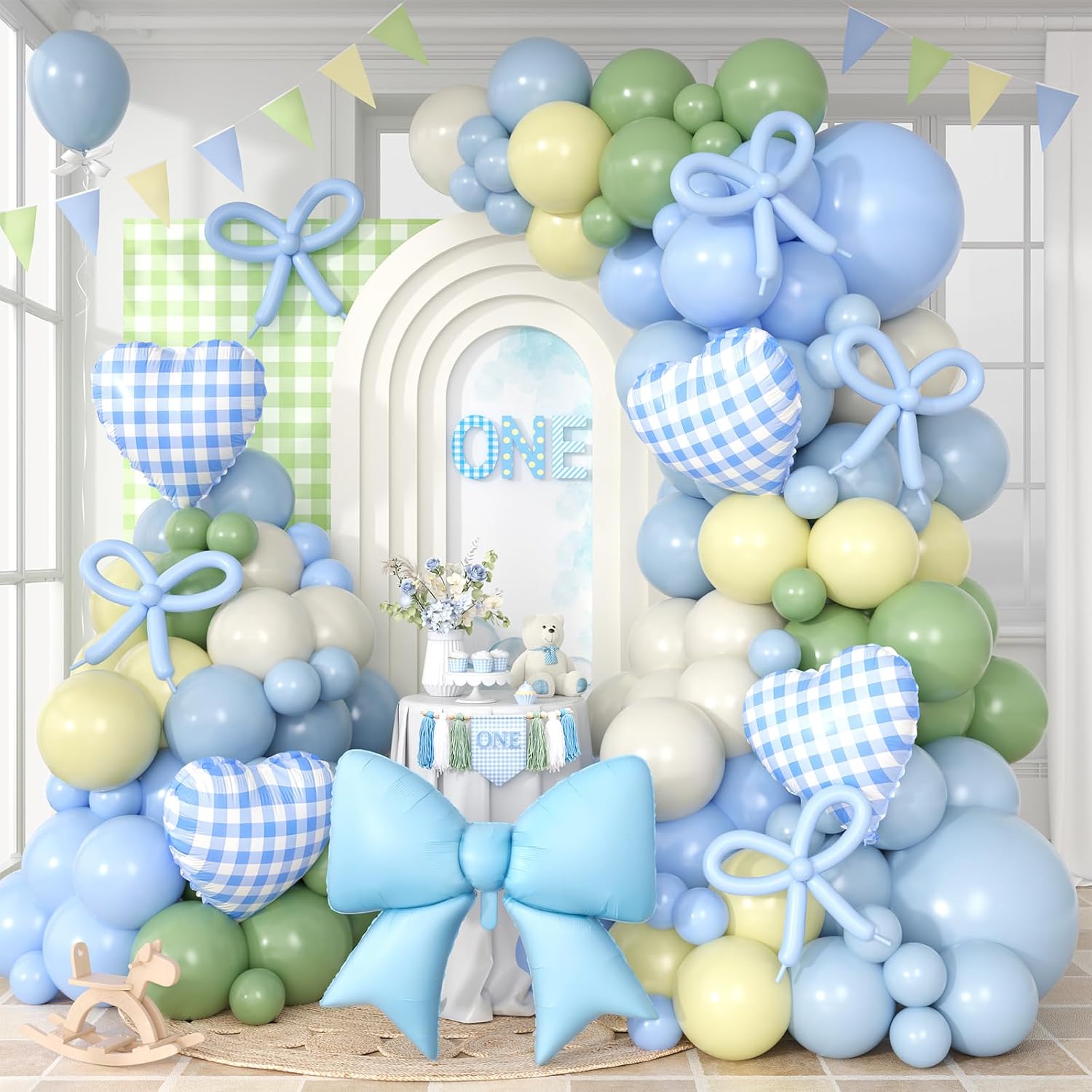 Blue Silly Goose Balloon Arch Kit, Blue Green Latex Balloon Garland Kit Grid Heart and Bow Foil Balloons for 1st Boys Goose Birthday Baby Shower Gender Reveal Easter Party Decorations