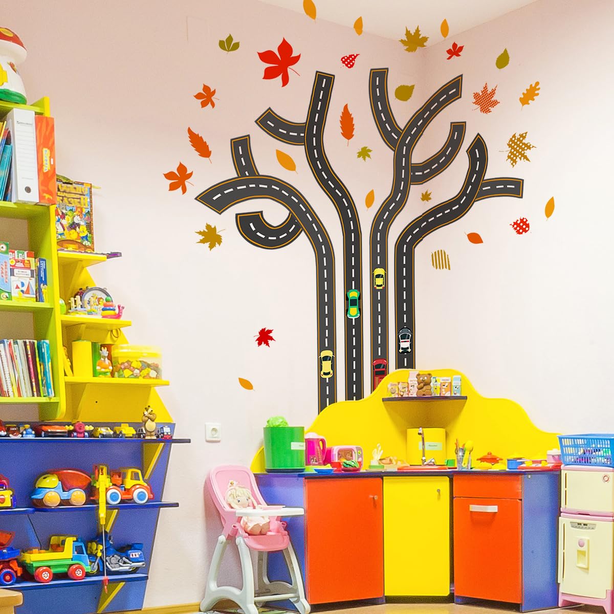 Kids Room Wall Stickers - Black Road & Tree Decals With Cars & Maple Leaves - Peel & Stick Wall Art For Nursery, Bedroom, Playroom