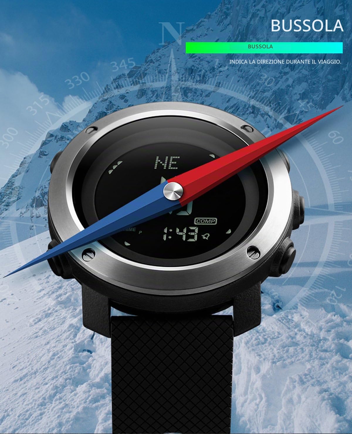 Orologio digitale da uomo con bussola, contapassi, barometro, altimetro, contatore alla rovescia, termometro, sport, militare