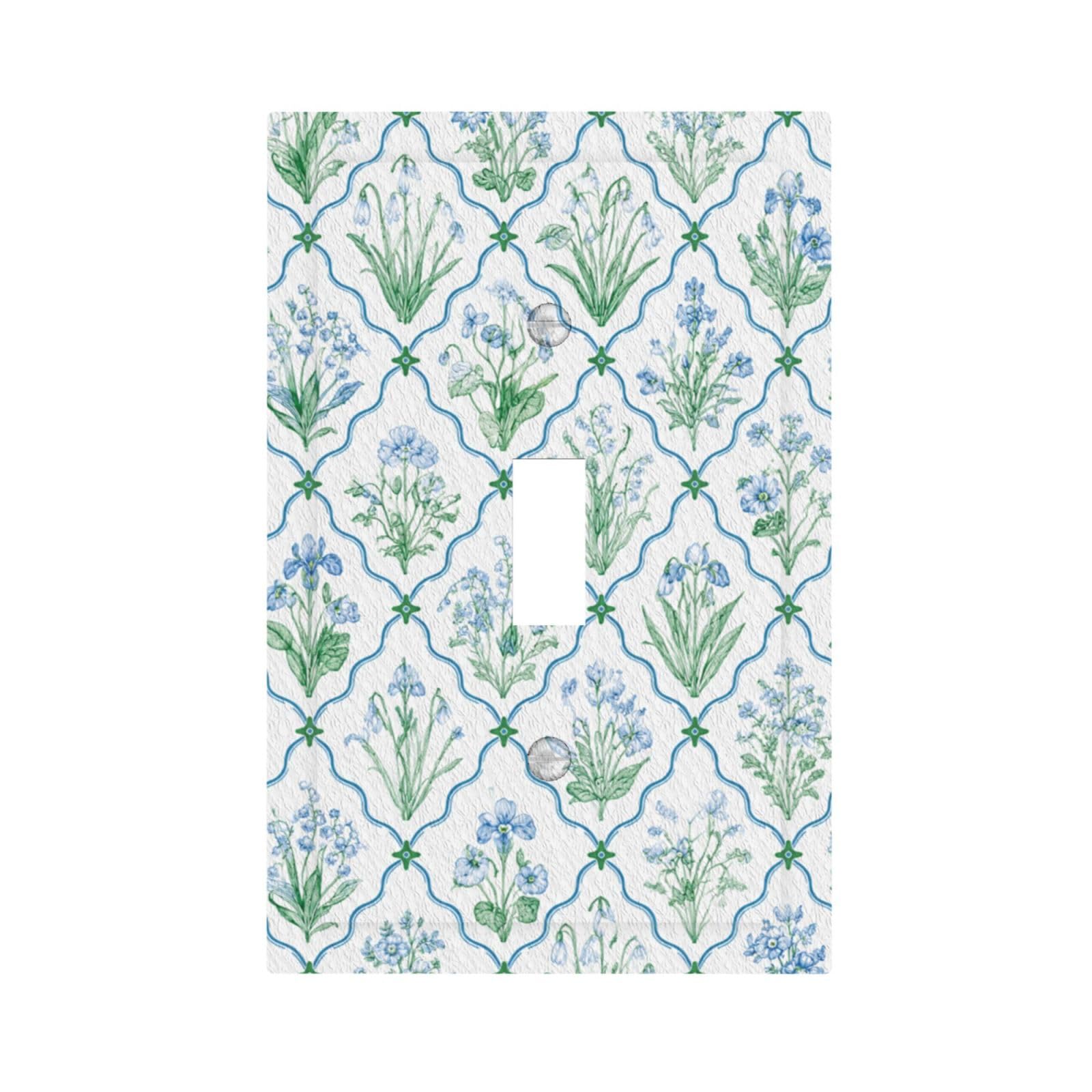 Dwbguo Cottagecore Botanical Decorative Light Switch Plate Covers Vintage Blue Green Botanical Wildflower Grid 1 Gang Wall Plate Unique Single Toggle Light Switch Covers Artistic Faceplate For Farmhouse Kitchen Decor