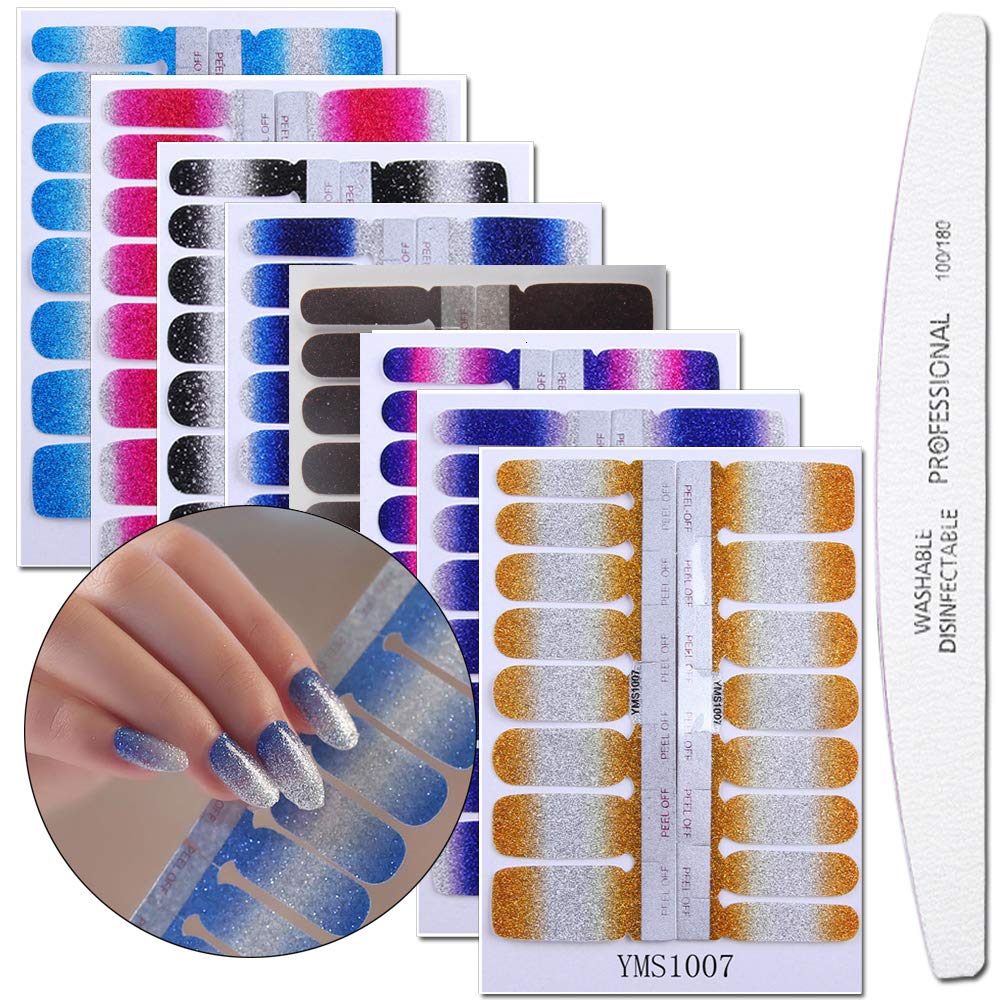 WOKOTO 8 Pieces Shine Nail Polish Sticker Tips With 1Pcs Nail File Gradient Full Wraps Nail Art Adhesive Decals Manicure Sticker Strips Set