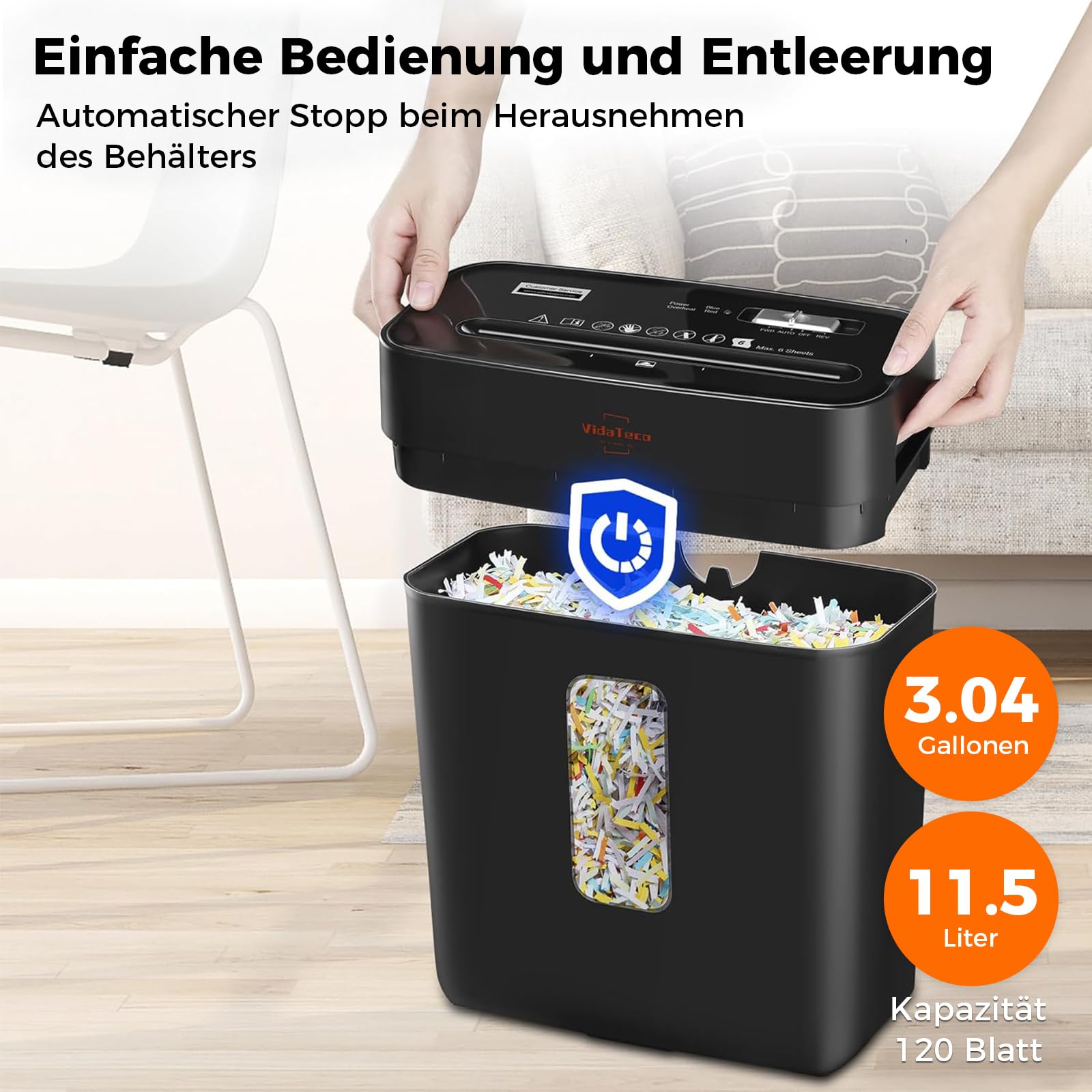 VidaTeco Schredder 6 Blatt Kreuzschnitt P-4 Aktenvernichter Büros und Home | Partikelschnitt Papierschredder für Papier/Kreditkarten,Reisswolf mit Tragbares Griffdesign 11.5L Behälter Schwar