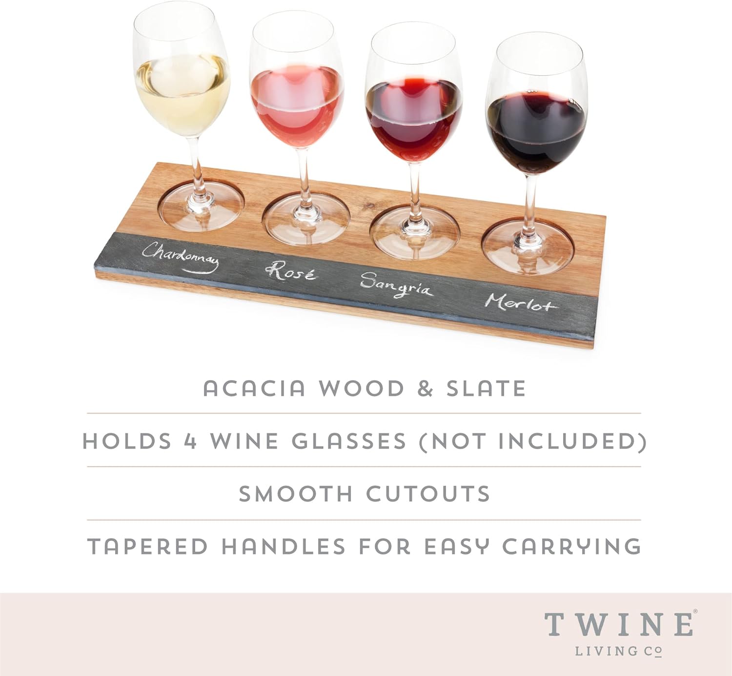 Twine Wine Flight Board with Slate Chalkboard & Acacia Wood Tray, Holds 4 Glasses, Includes Soapstone Chalk, Perfect for Wine Tasting Parties, Housewarming, Hosting Essentials