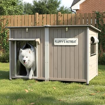 55"L Dog House Outdoor Large Breed Extra XL Wooden Dog House with Weatherproof Asphalt Roof, All-Around Iron Frame, Removable Floor, Openable Top Roof, Air Vents Window, Chew-Proof Frame Gray