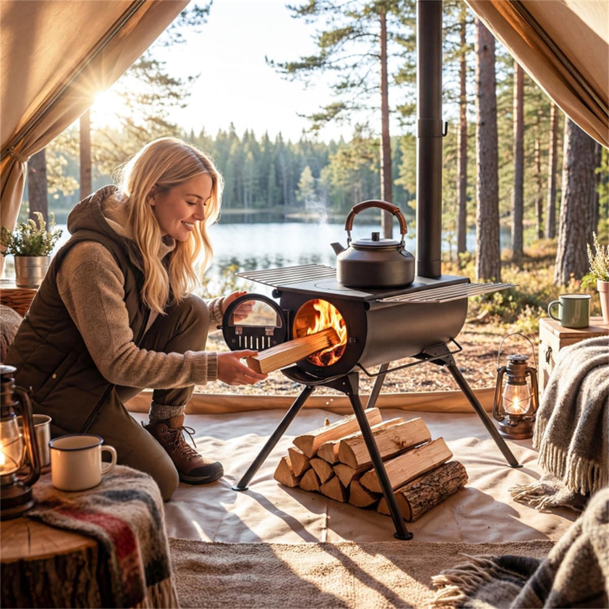 Portable Wood Burning Stove with Chimney, Hot Tent Stove for Camping & Ice Fishing, Outdoor Wood Stove with Viewing Window & Carry Handles