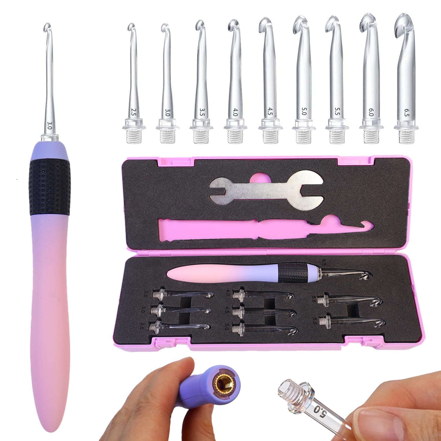 Yarniss Interchangeable Crochet Hooks with Screw Handle,8 Size Ergonomic Crochet Hooks with Comfortable Handle 2.5~6.5mm,Gradient Purple