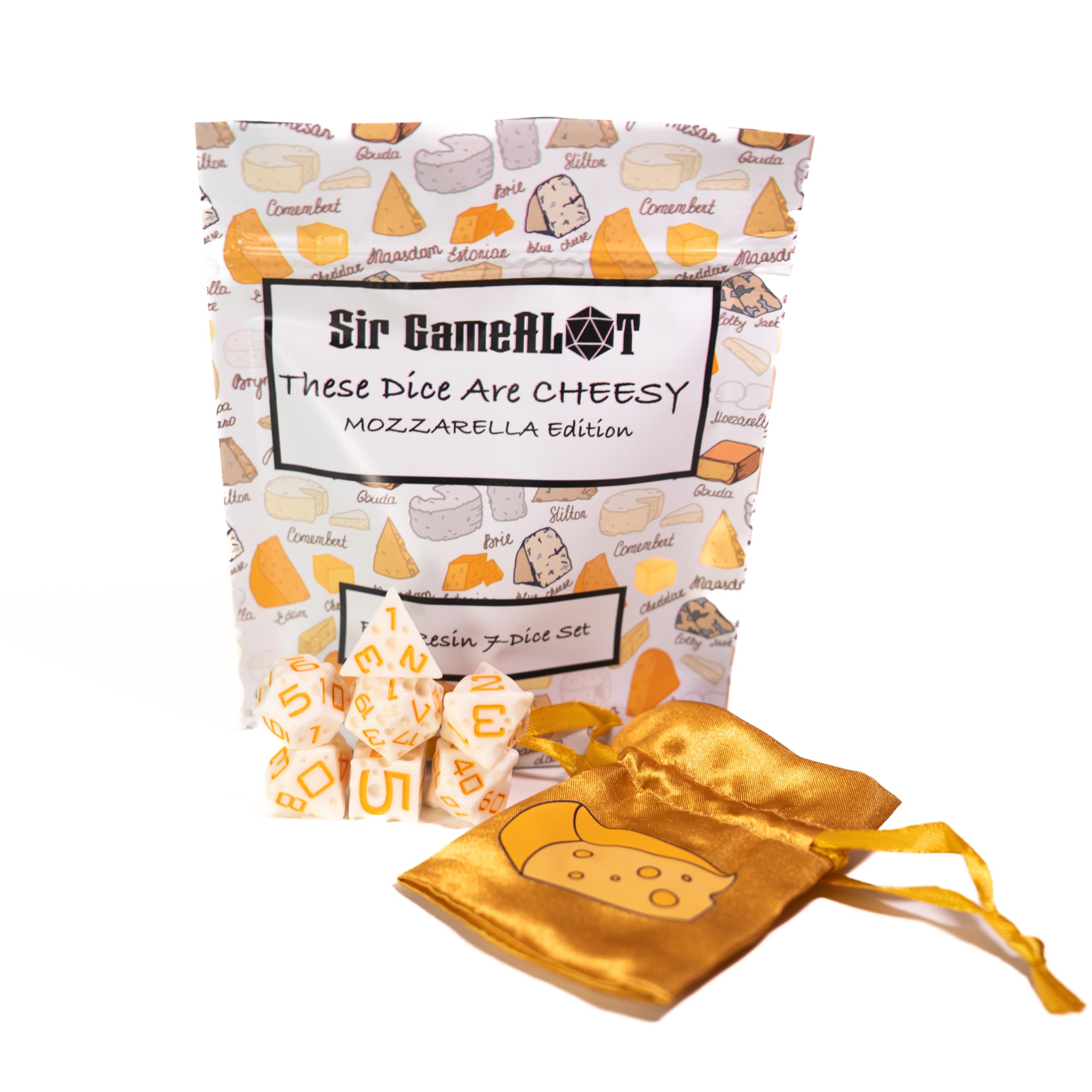 These Dice are Cheesy | Sir GameAlot Set of 7 Resin Polyhedral Dice | Dungeons and Dragons (D&D) and Other Role Playing Games (RPG) (Mozzarella Edition)