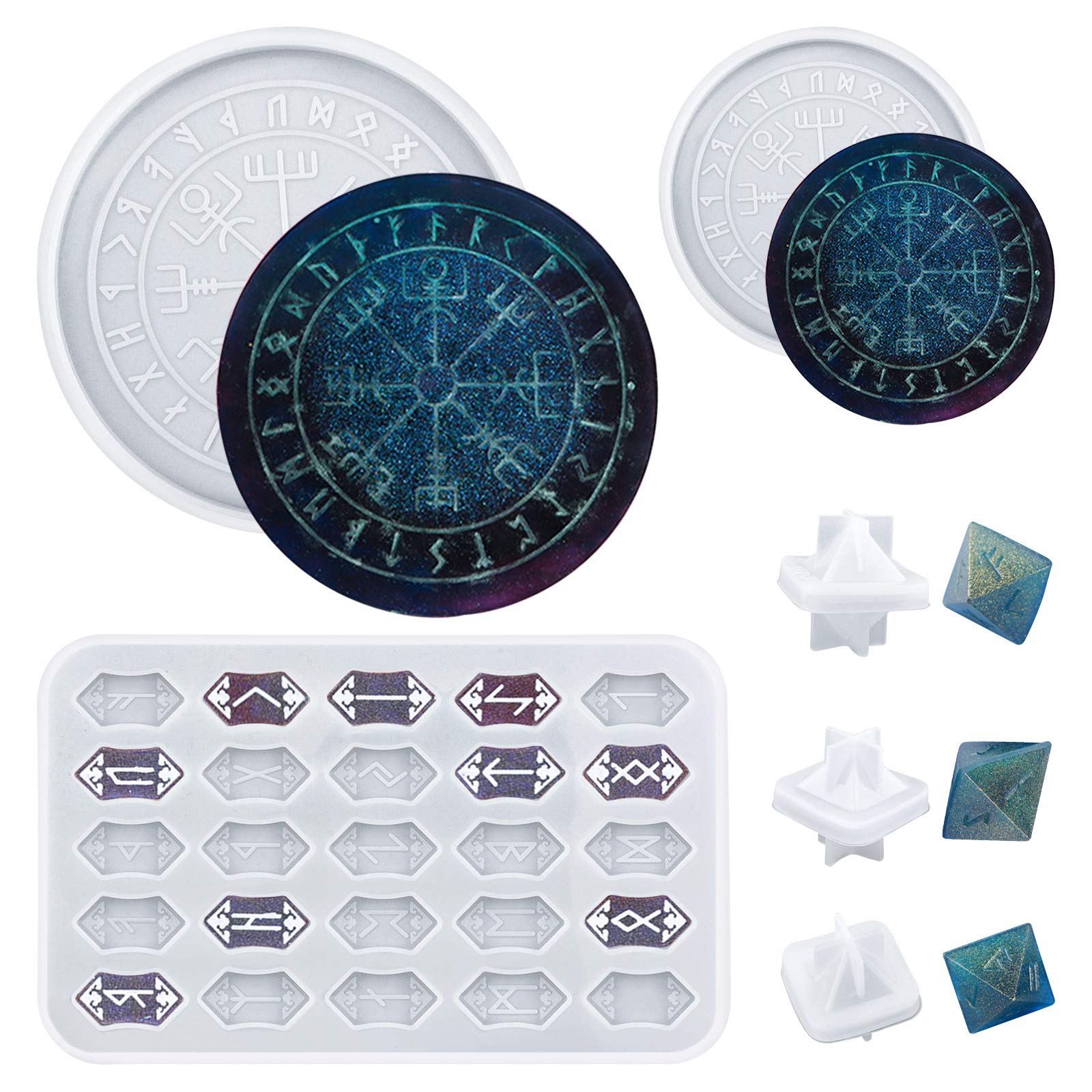 WANDIC Set of 6 Silicone Rune Tray Rune Stones Resin Molds, Rune divination Resin Mold, and Divination Card Astrology Compass Resin Mold for DIY Craft Jewelry Game Making