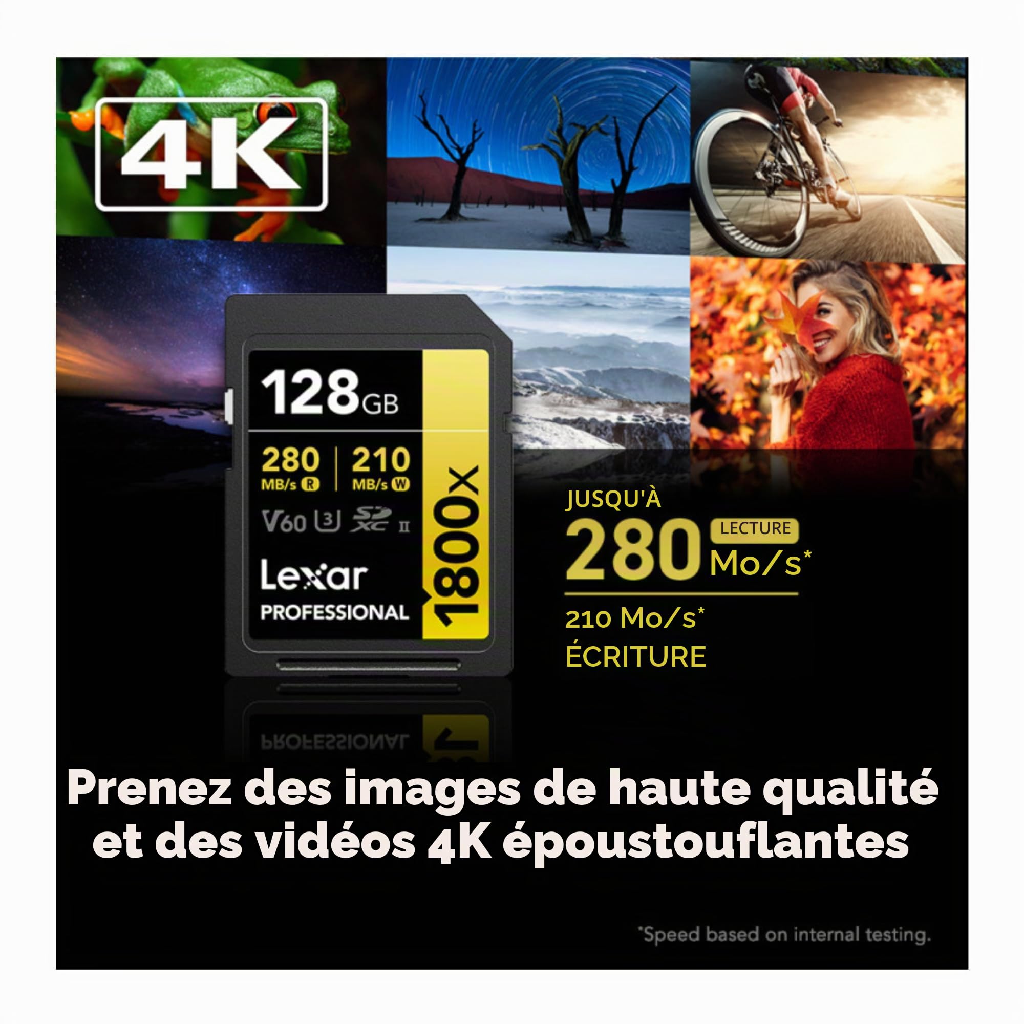 Lexar Carte mémoire professionnelle 128 Go 1800x UHS-II SDXC (série Gold) | Transfert de données haute vitesse et enregistrement vidéo 4K avec vitesse de lecture de 280 Mo/s, évaluation V60 et capacité