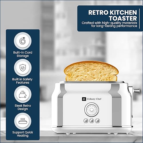 Miniatura 3 de Tostadora de 2 rebanadas, estilo retro, ranura ancha para pan, magdalenas inglesas, croissants y bagels, 6 ajustes de tostadas ajustables,