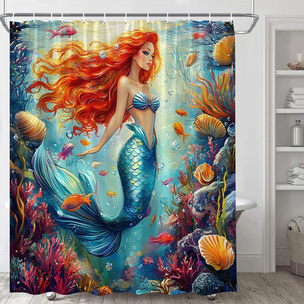 Fantasy Mermaid Shower Curtain Fairy Tale Underwater Tropical Fish Cartoon Girls Colorful Ocean Nautical Coral Reef Watercolor Sea Scene Polyester Fabric Bathroom Decor Curtain with Hooks