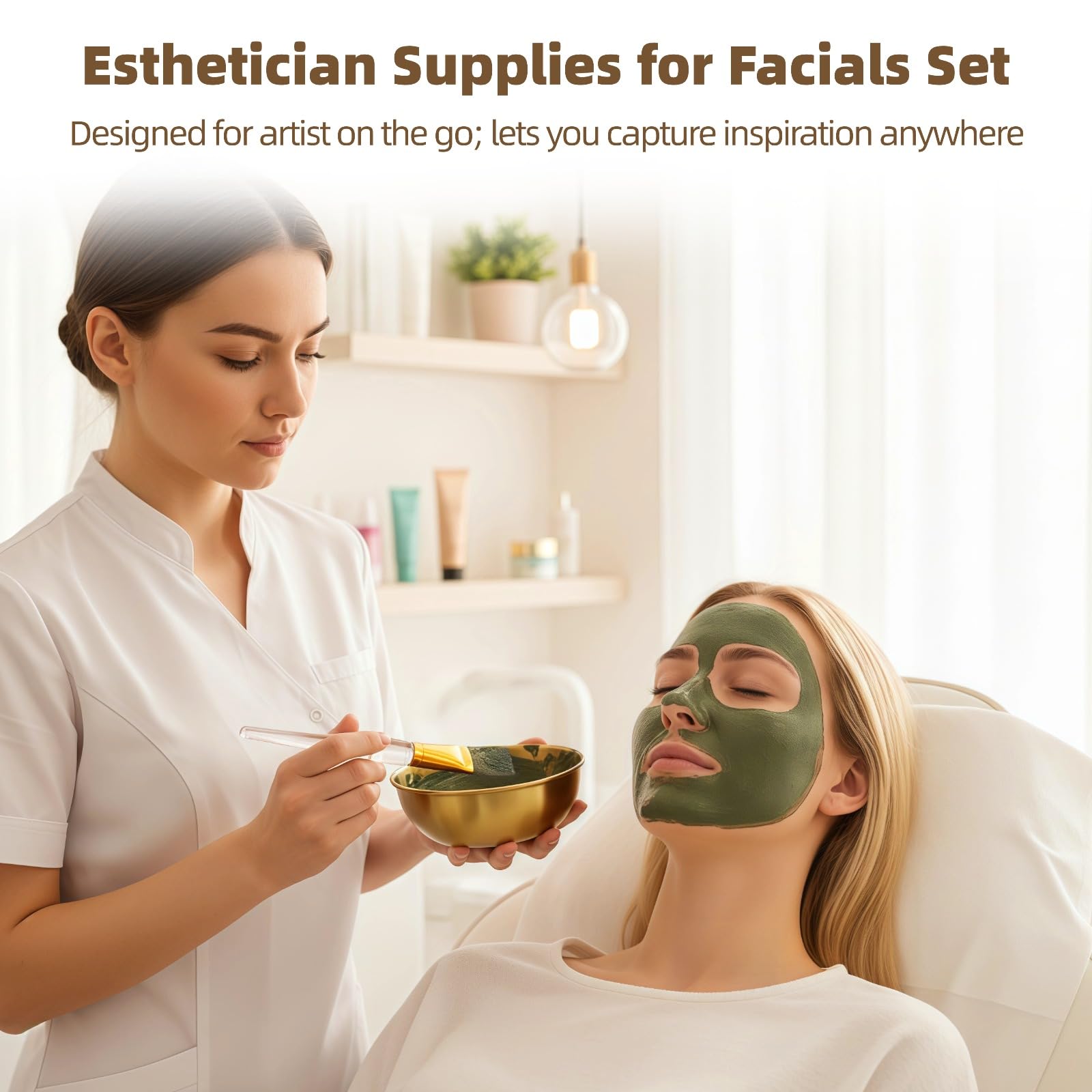 36 pièces, kit esthéticienne pour soins du visage, 12 bols en acier inoxydable doré, 12 pinceaux éventail et 12 pinceaux de détail, application uniforme des masques, kit masques à l'argile