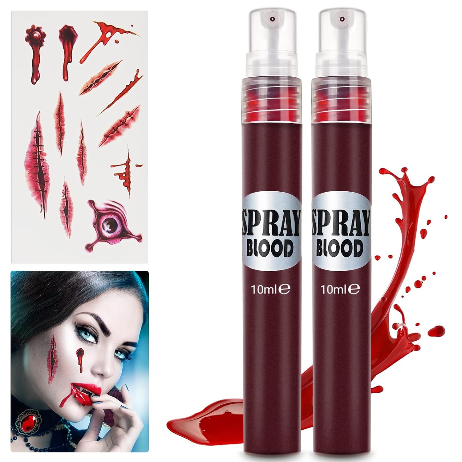 Halloween Fake Blood Spray Bottle (with Free Scar Tattoos) Realistic Safe Washable Fake Blood for Clothes Bloody Purge Costumes SFX Zombie Vampire Makeup Face Paint Easy to Clean 0.68oz/(10ml*2)