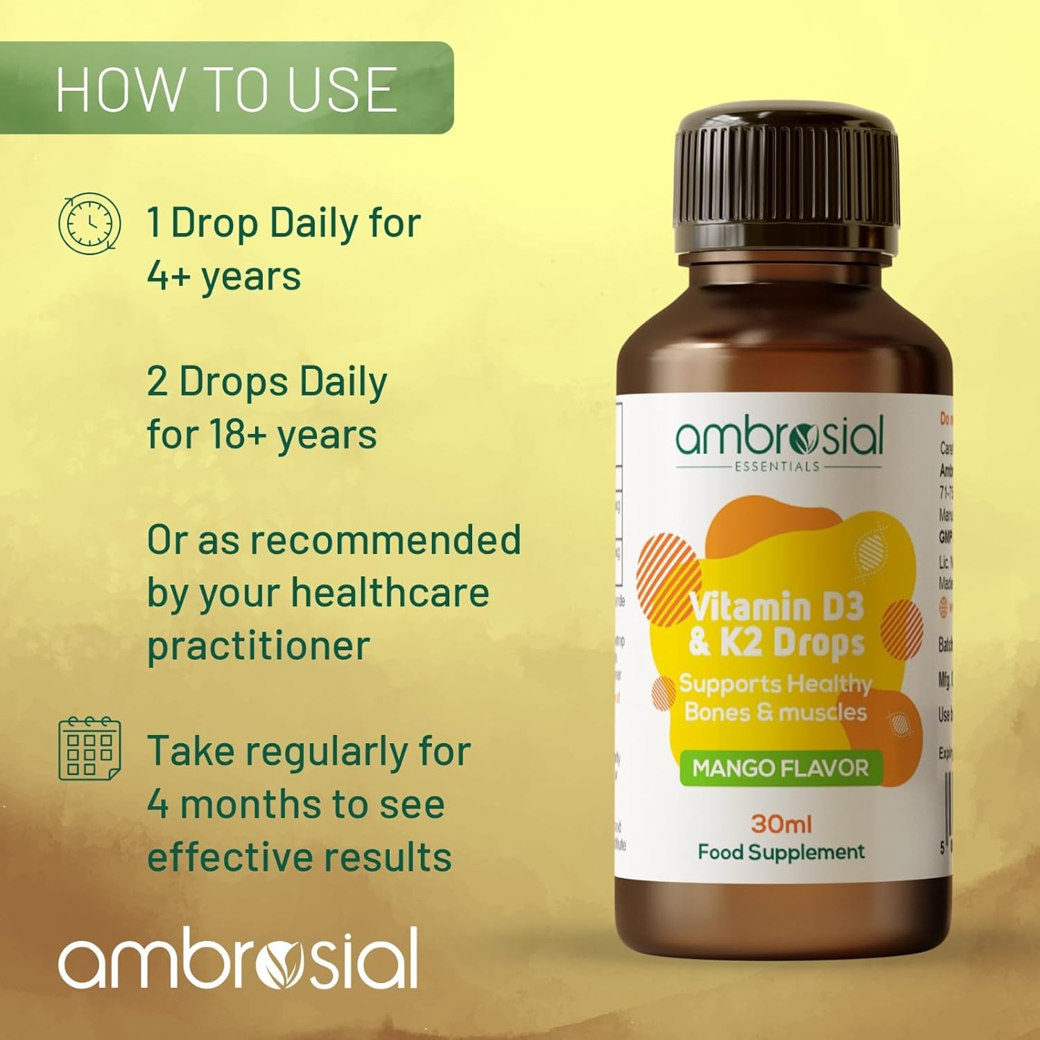 AMBROSIAL Vitamin D3 K2 Drops - for Adults and Kids (Pack of 1-30ml)