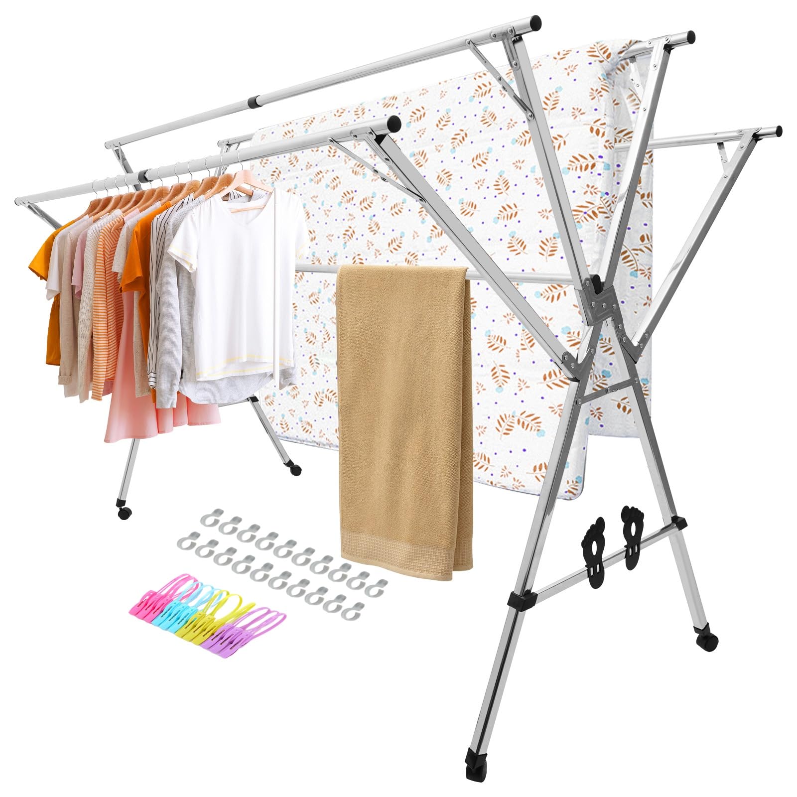5-Stangen Klappbarer Wäscheständer aus Edelstahl - Höhenverstellbar (150-240cm) mit Rollen & Schuhhaltern für Innen/Außen
