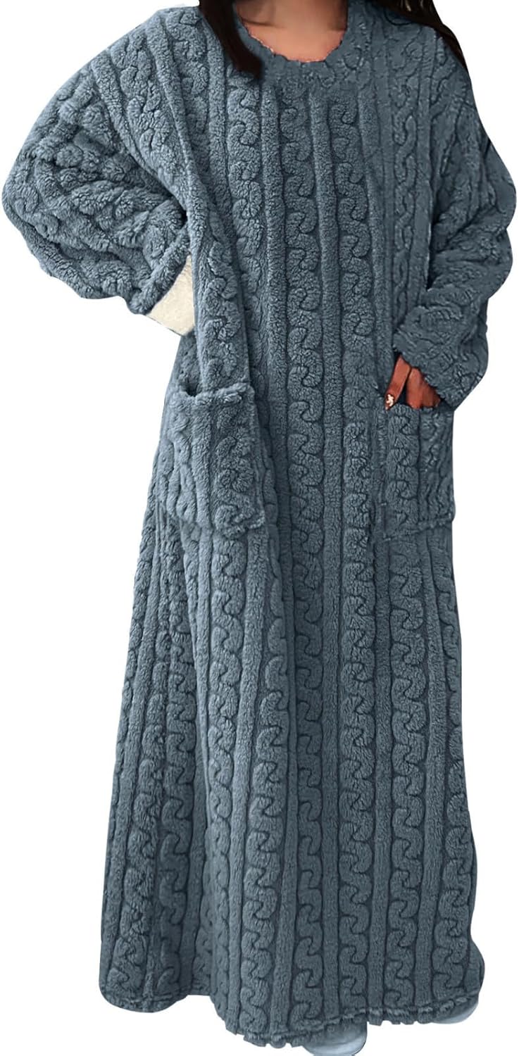 Women's Flannel Nightgown Fuzzy Fleece Cozy Plush Warm Winter Pullover Loungewear Sleep Dress O Neck Nightdress