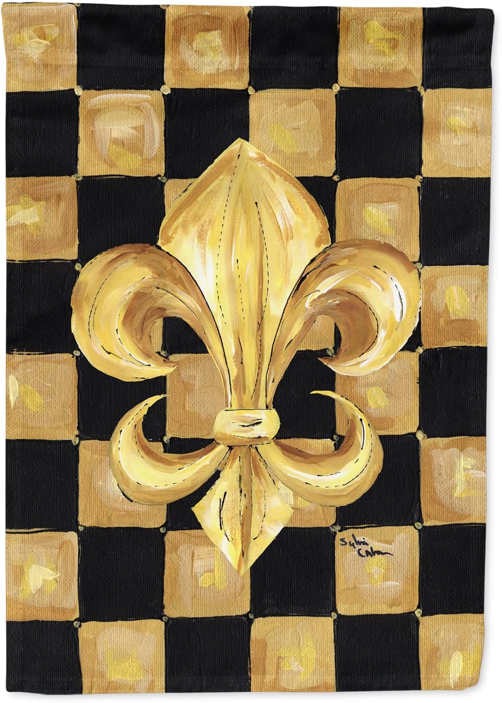 Caroline's Treasures 8197CHF Black Gold Checkered Flag Fleur de lis House Flag Large Porch Sleeve Pole Decorative Outside Yard Banner Artwork Wall Hanging, Polyester, House Size, Multicolor
