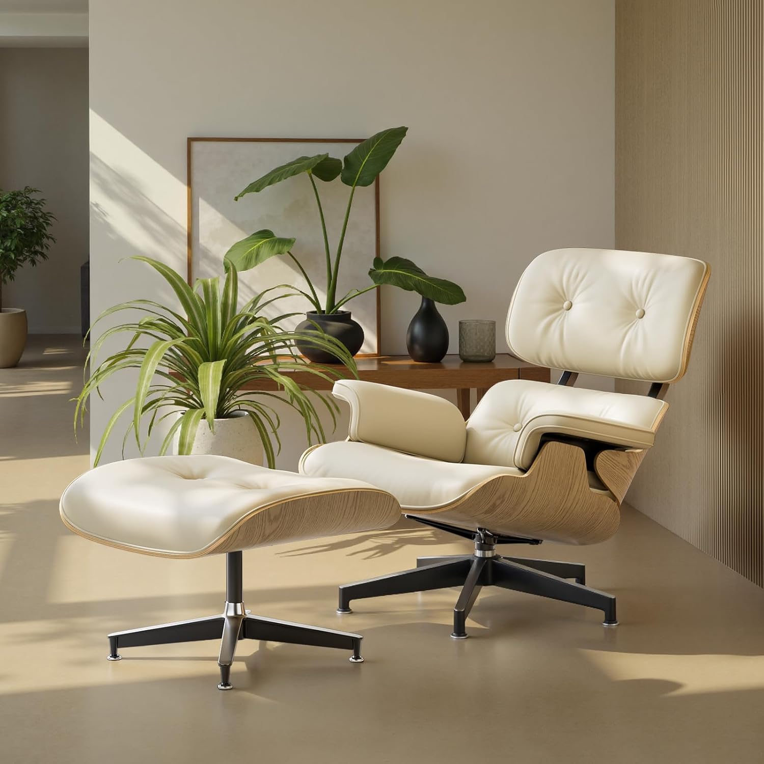 Top Cream White Grain Leather, Mid Century Chaise Lounge Chair and Ottoman, Modern Chair Classic Design, Ash Wood, Heavy Duty Base Support for Living Room Office