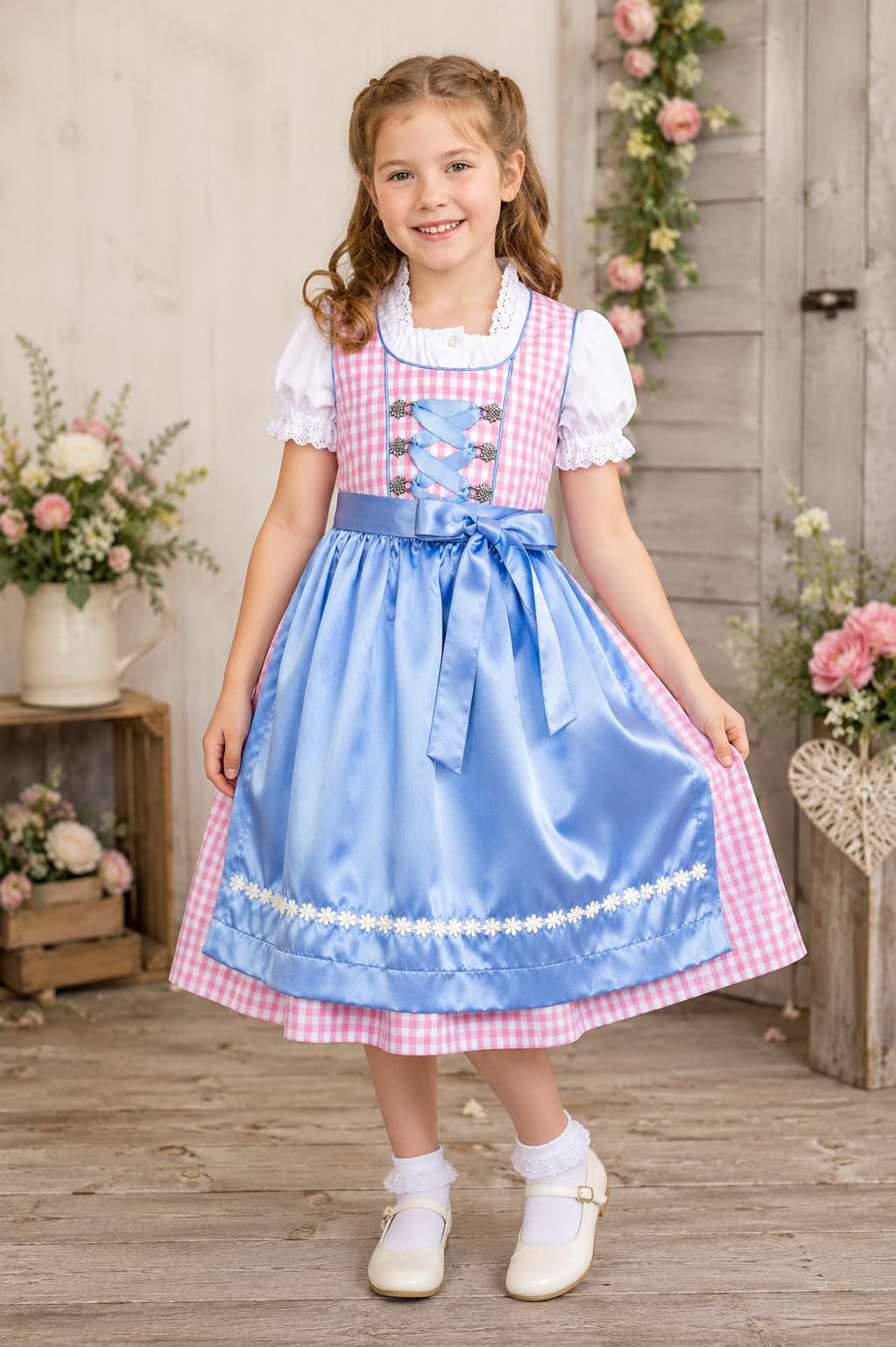 Ramona Lippert® Dziecięcy Dirndl Mia - Dirndl różowy biały w kratkę z bluzką - tradycyjny Dirndl dla dziewczynek - rozm. 110/116-158/164