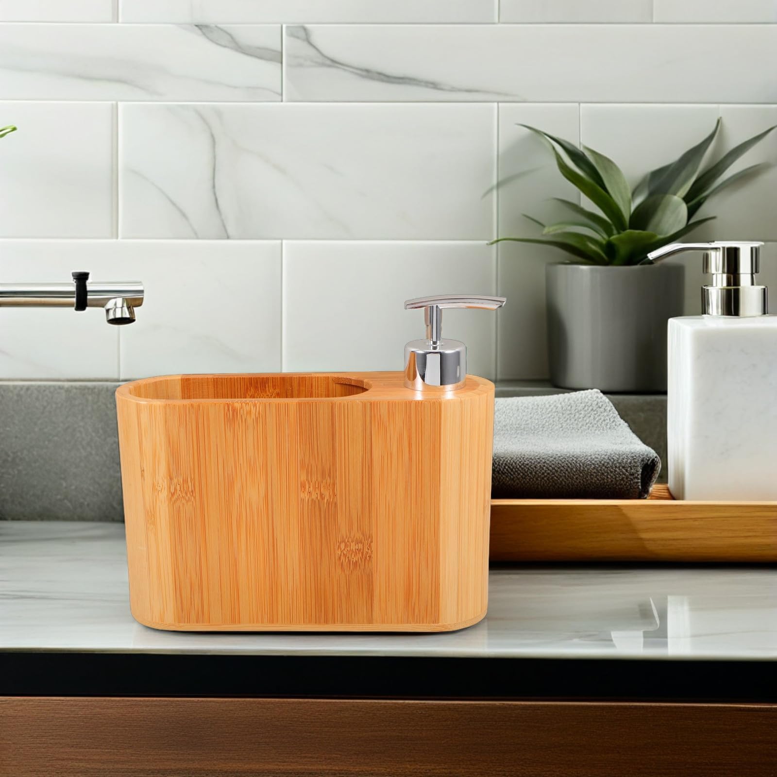 INOOMP Dispensador de Jabón Ovalado de Madera y Plástico Recargable Diseño Elegante para Uso en Baño y Hogar