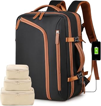 Expandable Carry-On Travel Backpack for Men Women Water-Resistant Laptop Compartment, USB Charging Port, Wet Pocket & Airline Approved Size for 15.6" Notebook Black
