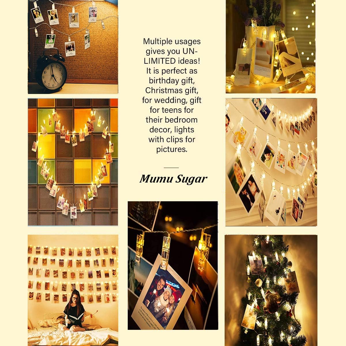 Mumu Sugar Upgrade Version Photo Clip String Lights - Fairy String Lights - 8 Modes USB/Battery Powered Waterproof Decor Lights for Bedroom, Birthday Party Wall Decor Wedding (40LED/17FT)