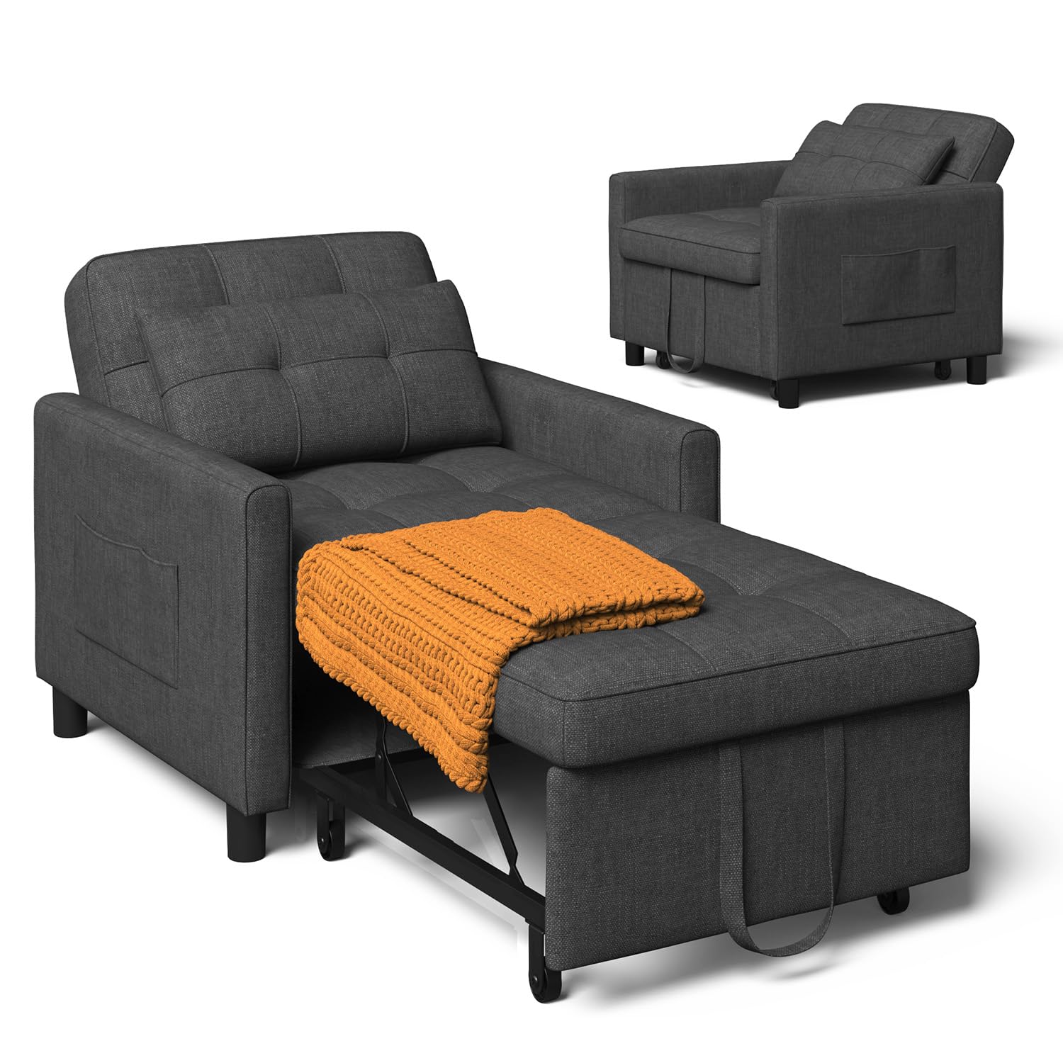 Xbro 3-in-1 Convertible Armchair Bed, Sleeping Chair with Bed Function, Adjustable Sofa Bed with Cushion and Side Pocket, Armchair with Sleep Function for Small Apartment