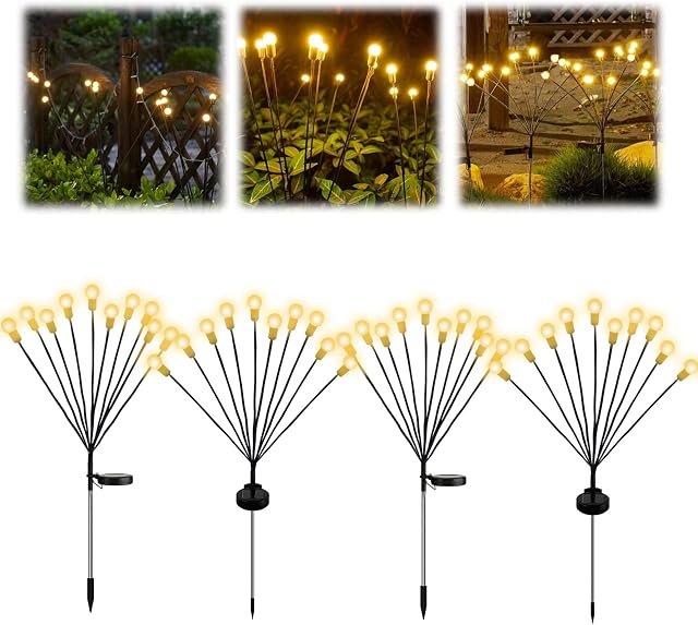 Carseatty Firefly Solar Lights Outdoor, 10LED Bulbs 4 Pack Solar Powered Warm Light Waterproof Swaying Lights for Yard Home Parties Wedding