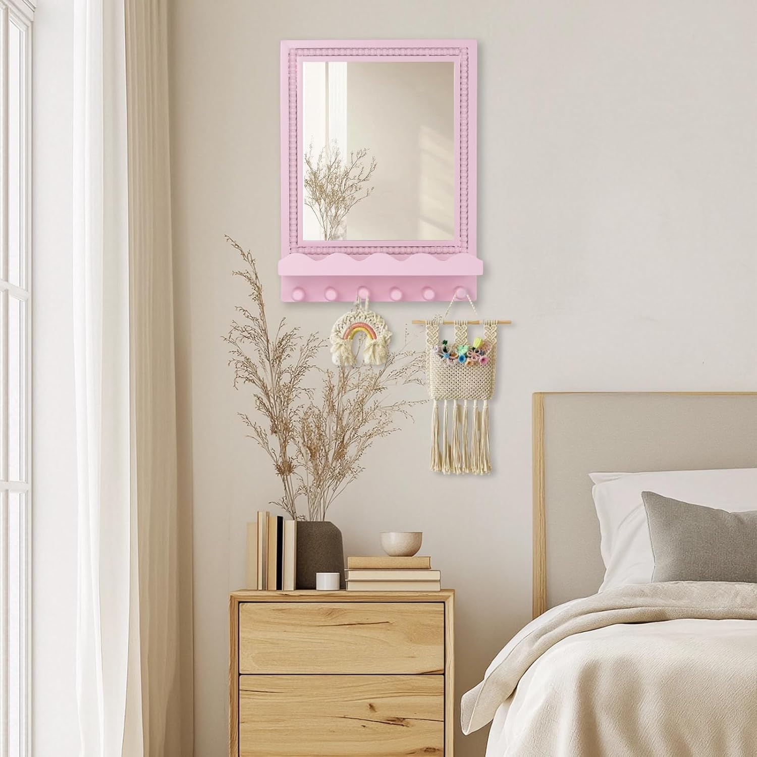 Tirzah 16x12 Inch Wall Mount Beaded Wood Framed Mirror with Shelf and 6 Hooks, Pink Decorative Entryway Mirror with Storage for Laundry Room, Bathroom, Bedroom