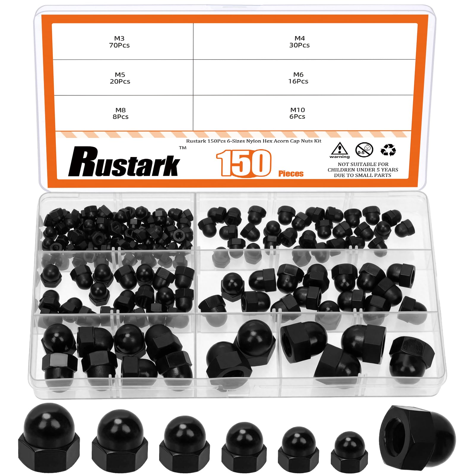 Rustark 150Pcs 6 Sizes Acorn Nuts Assortment Kit Metric Hex Acorn Cap Nuts Nylon Hex Nut Crown Cap Nut Black Dome Head Bolt Cover Caps for Furniture Automotive Indoor Outdoor