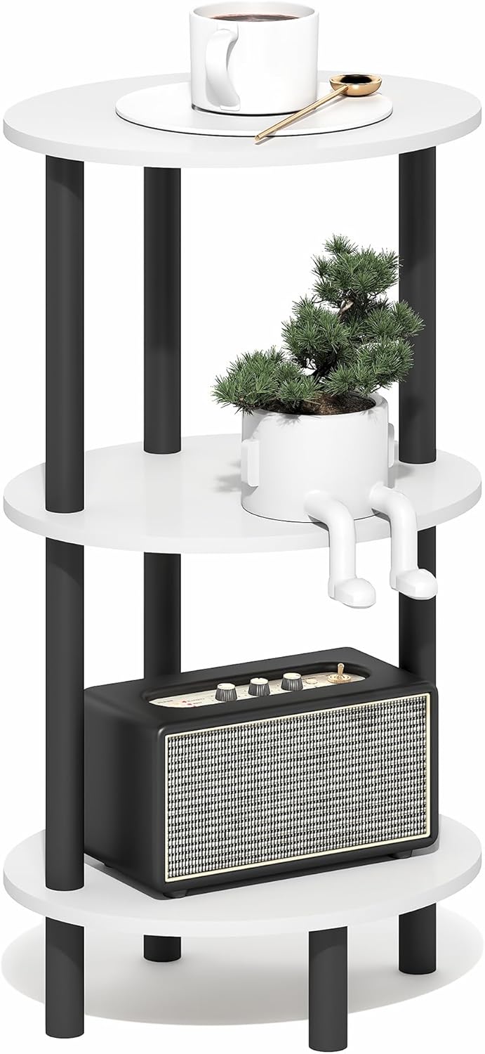 furinno turn-n-tube side table, 3-tier oval end table, night stand, bedside table, for living room, bedroom, white/black white/black 1-pack, 3-tier, 27.6