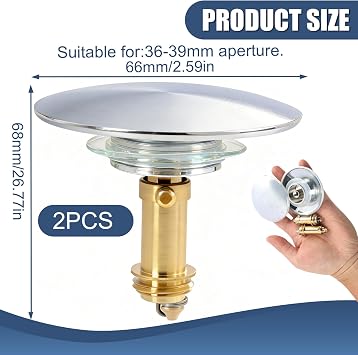 2 Pack Pop Up Click Clack Sprung Plug Stopper and Sink Plug Replacement, Push Button Pop Up Plug for Wash Basins and Bath, Chrome Plated Brass Pop Up Sink Plug for Bathroom Drains