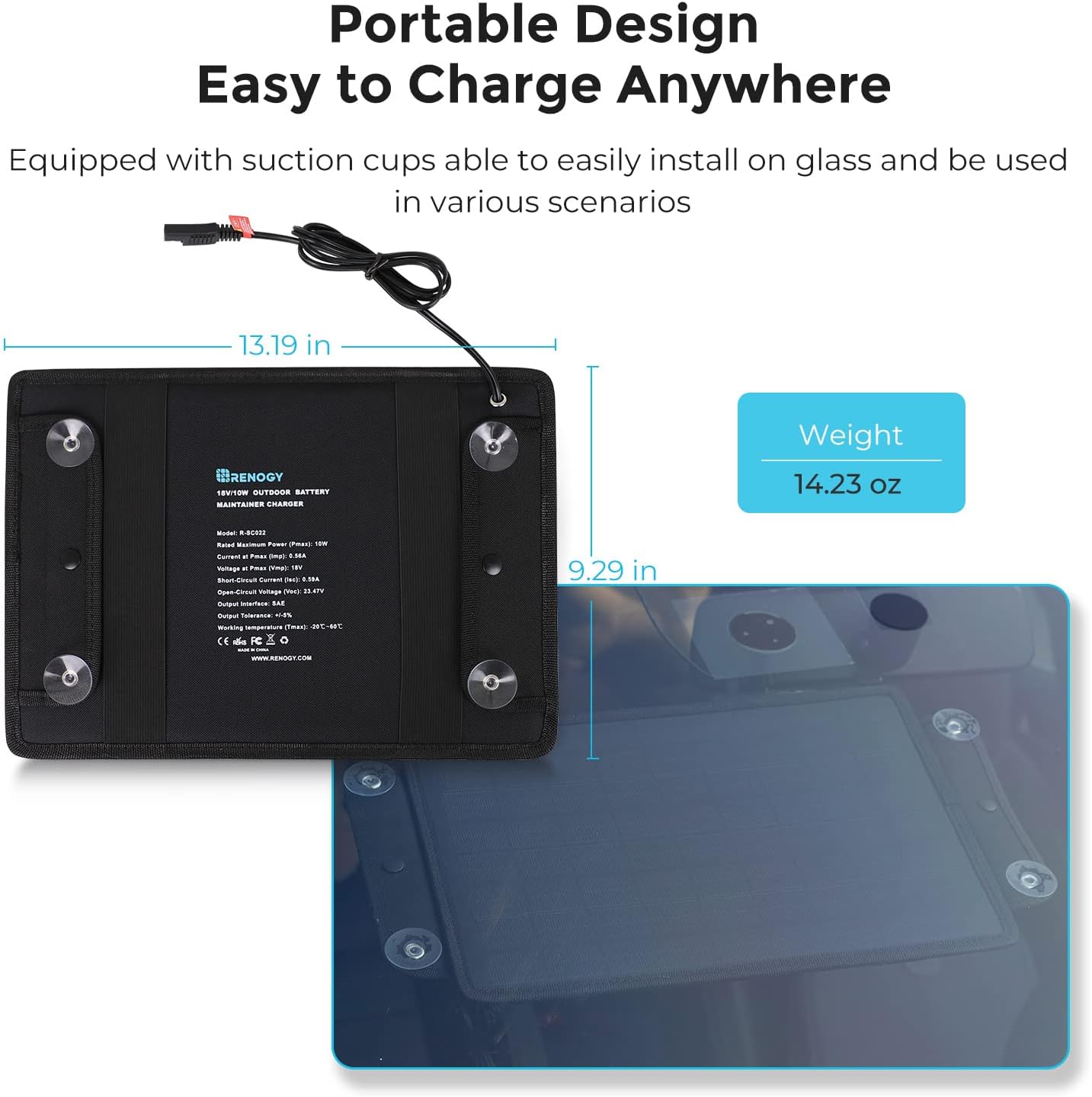 Renogy 10W Solar Trickle Charger Portable Battery Maintainer with Lighter Plug/Alligator Clips/Battery Cables for Car Boat Marine Motorcycles Truck : Automotive