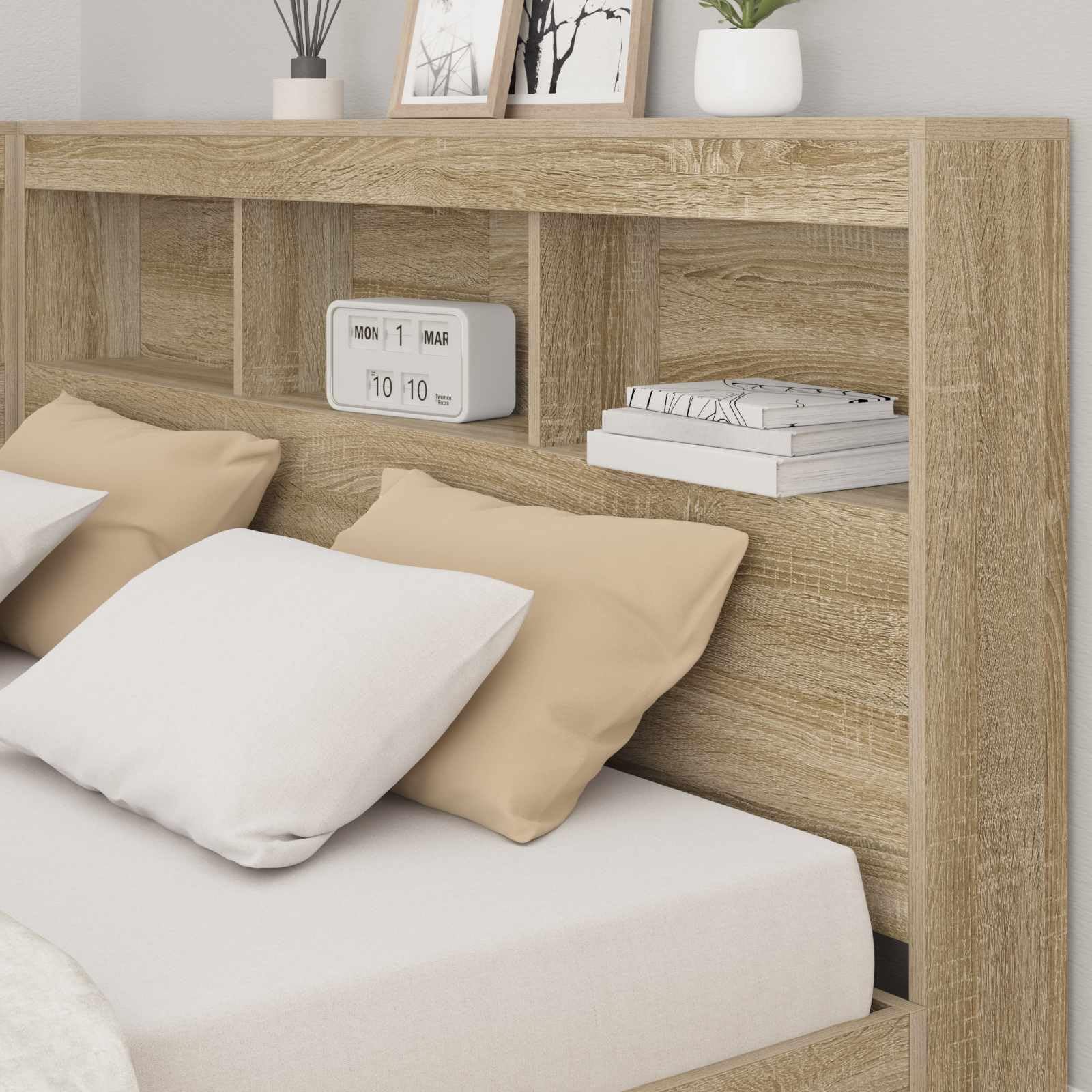 Tête de lit de Rangement en Bois d'ingénierie Chêne Sonoma 160 cm avec étagères intégrées, Station de Charge, Design Moderne scandinave pour Chambre Adulte ou Enfant