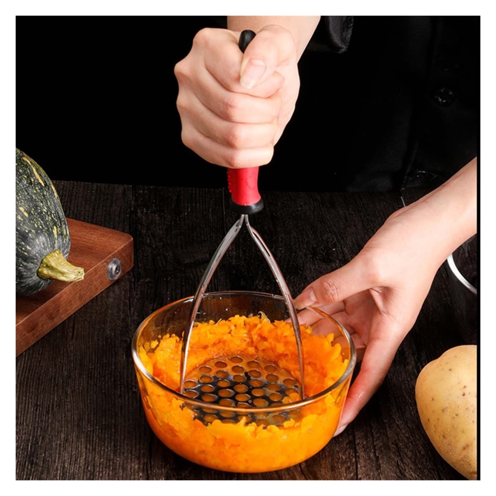 Kartoffelstampfer aus Edelstahl, robuster Lebensmittelstampfer, Kartoffelstampfer, Küchenwerkzeug mit rutschfestem Griff, leicht zu reinigende Stampfer