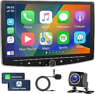 Single Din Apple CarPlay Car Stereo Android 1 Din Touchscreen Car Radio, Rimoody 10.1 Inch Rotatable Screen Head Unit with WiFi GPS Navigation Bluetooth FM Radio + Backup Camera